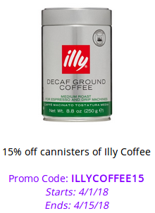 15% off cannisters of Illy Coffee with code ILLYCOFEE15. Valid through 4/15